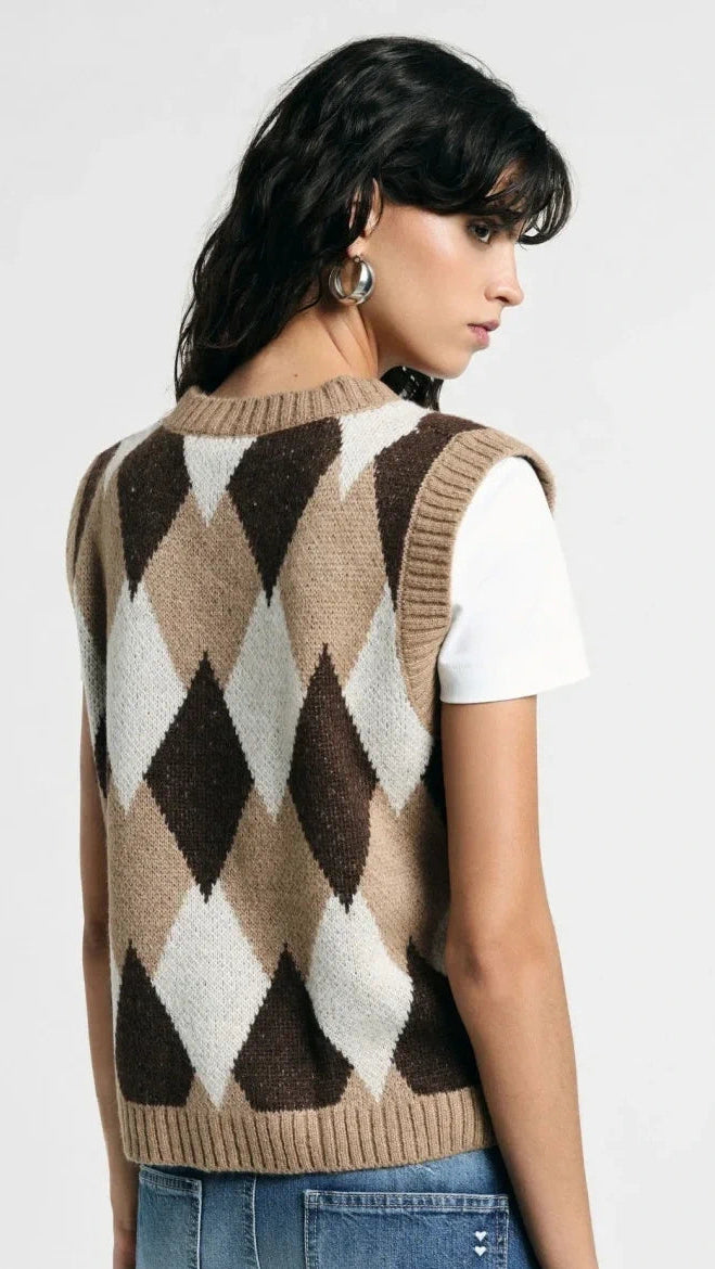 Gilet in Maglia a Rombi Argyle Please - Marrone/Cammello/Panna -