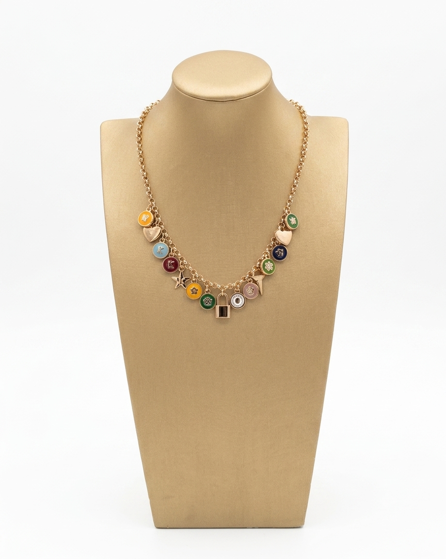 Collana Charm con Lucchetto Centrale e Monete Smaltate Multicolore