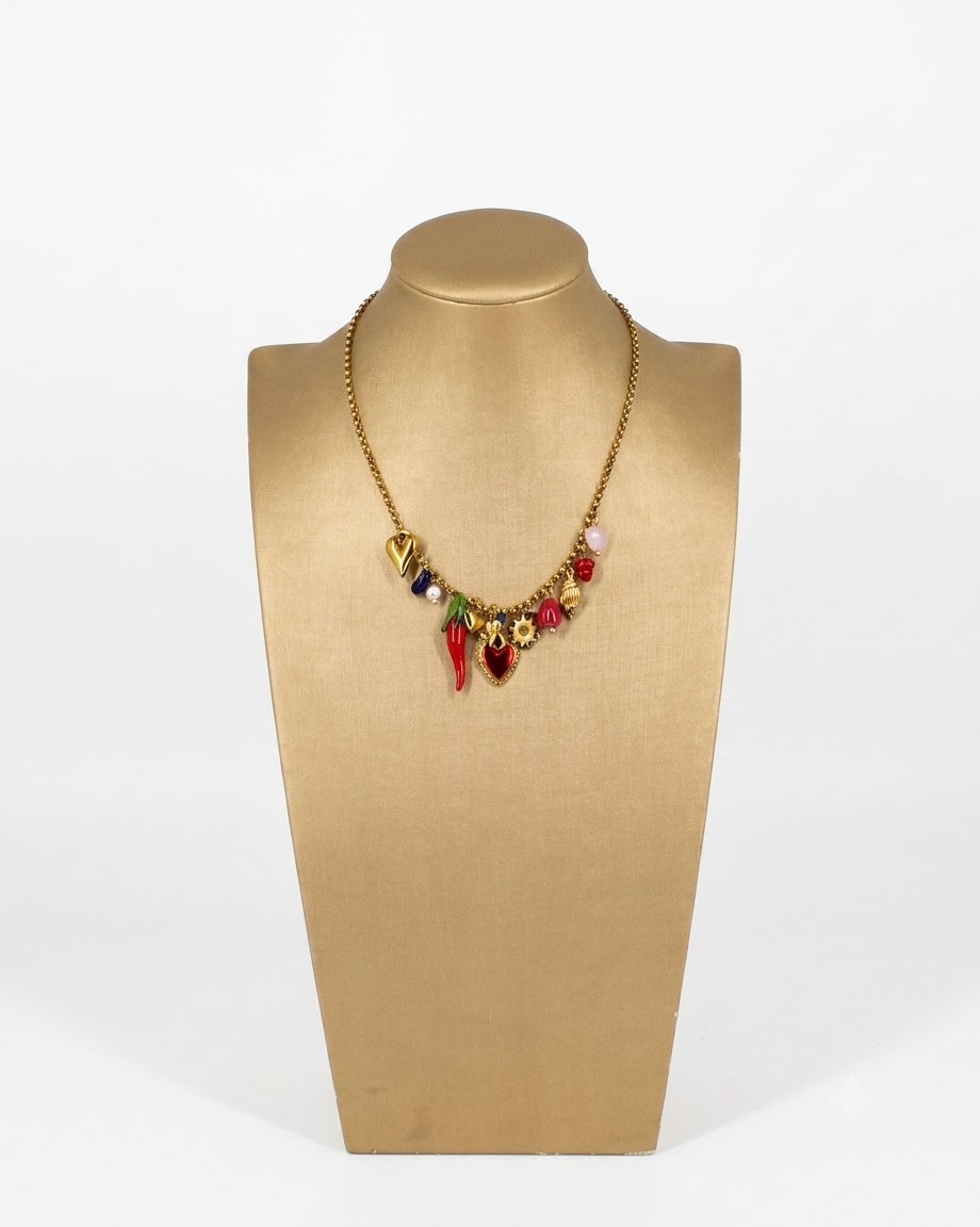 Collana Portafortuna con Cornetto e Cuori Rossi