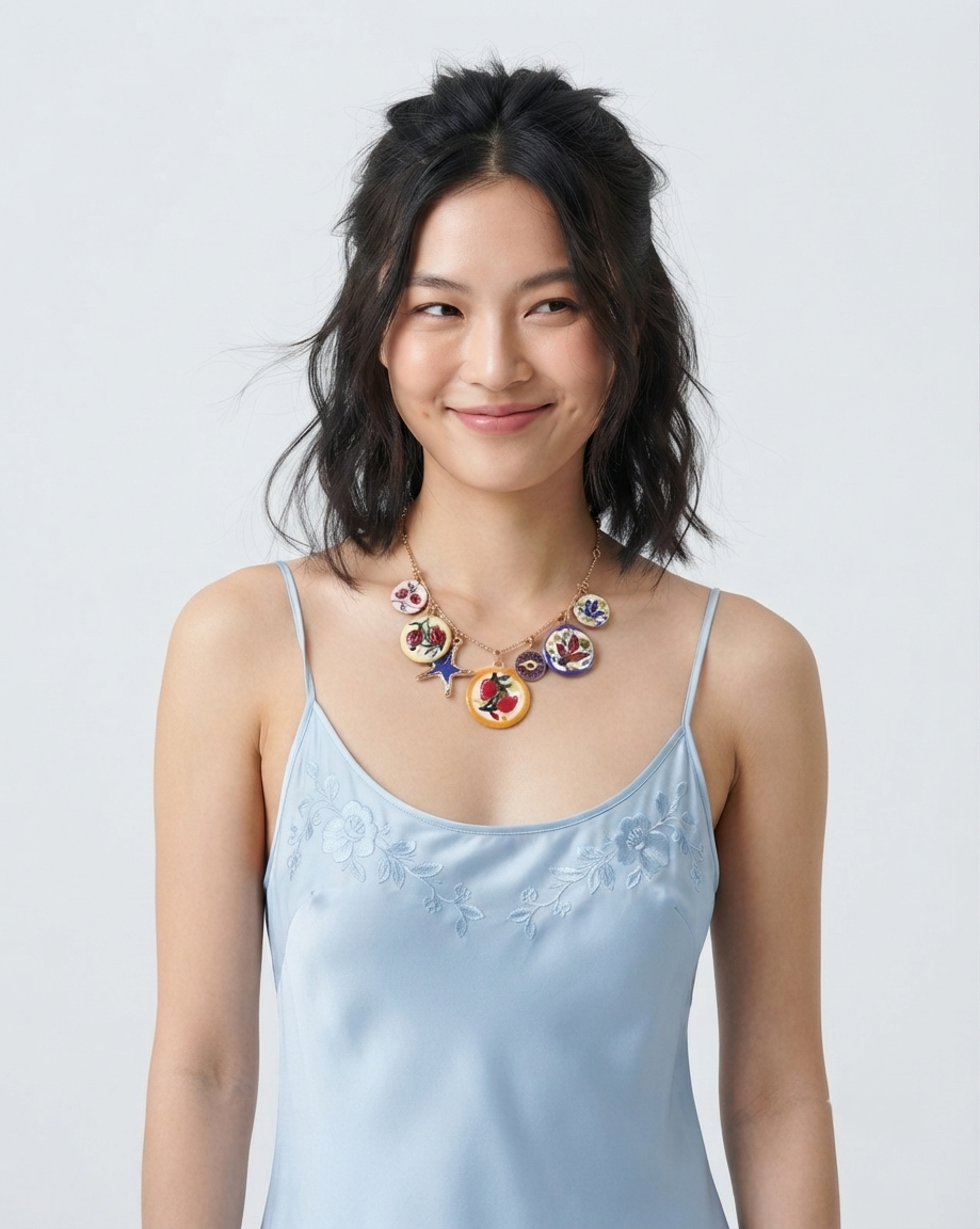 Collana Mediterranea con Medaglioni in Ceramica e Ciondoli Portafortuna