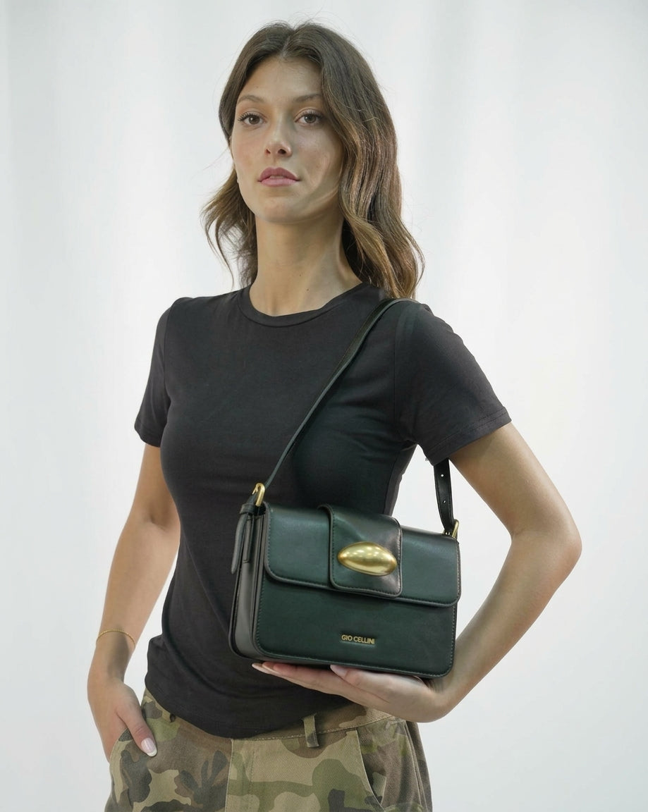 Mini Bag Giò Cellini Nera a Spalla con Fibbia Ovale Dorata - Nero