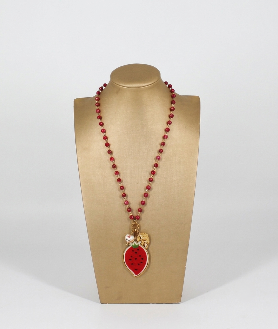 Collana Lunga Perline Rosse e Pendant Fragola