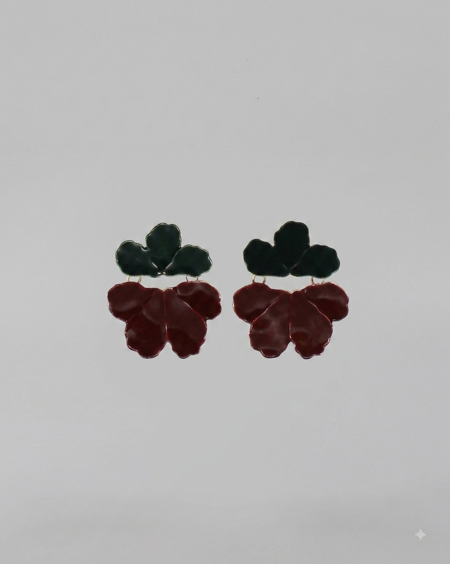 Orecchini Pendenti Floreali Smaltati Verde Scuro e Bordeaux