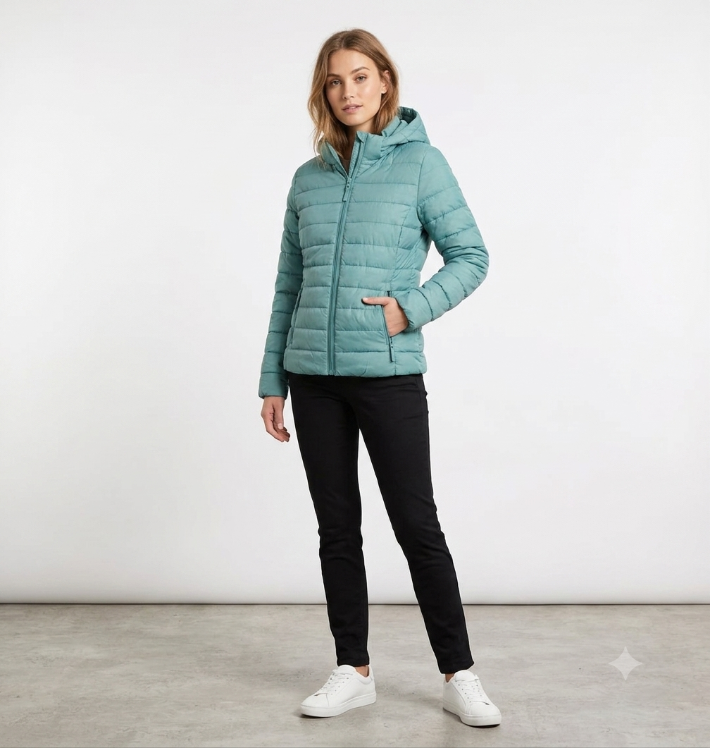 Piumino leggero Please azzurro polvere con cappuccio