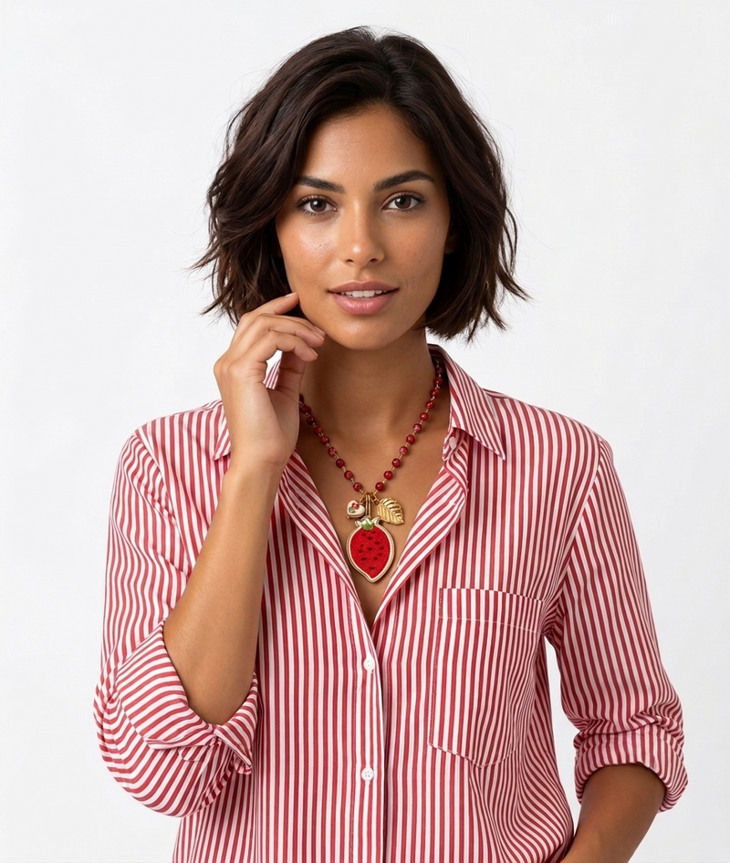 Collana Lunga Perline Rosse e Pendant Fragola