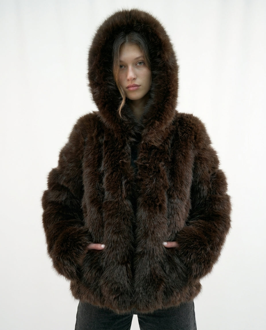 Giacca in Ecopelliccia Soft Warm con Cappuccio Giò Cellini – Marrone