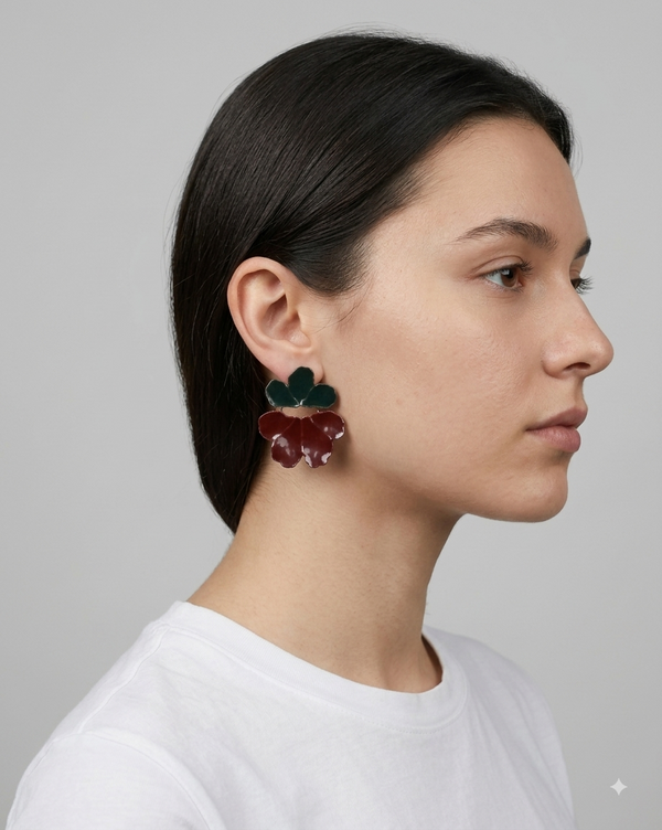 Orecchini Pendenti Floreali Smaltati Verde Scuro e Bordeaux