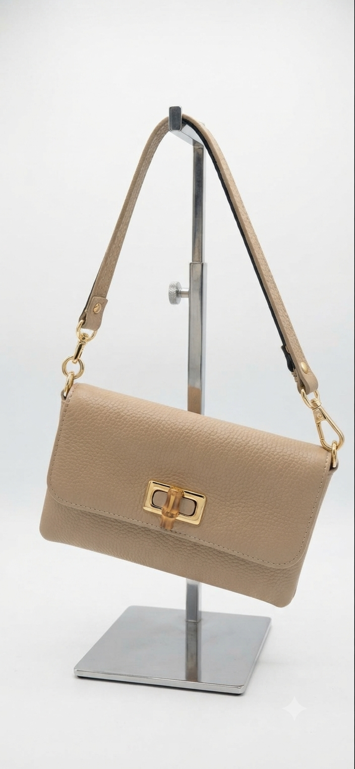 Mini Bag in Pelle Martellata con Chiusura Bamboo- Beige