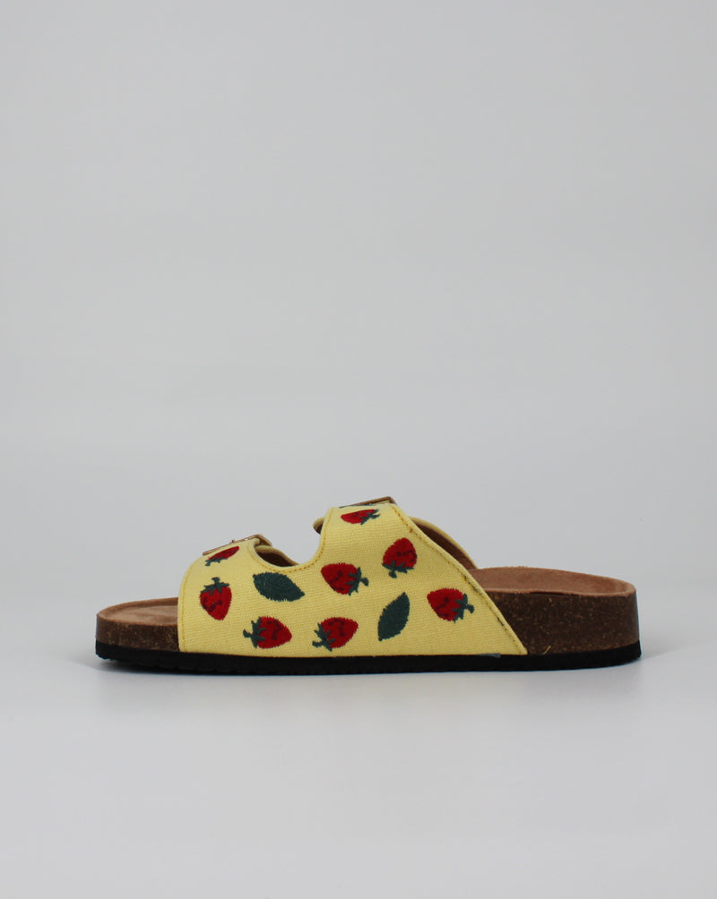 Sandalo Twin-Strap con Ricamo Fragola – Giallo Pastello