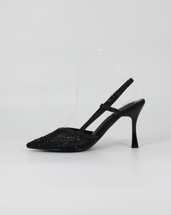 Décolleté Slingback Gioiello in Glitter e Strass – Nero