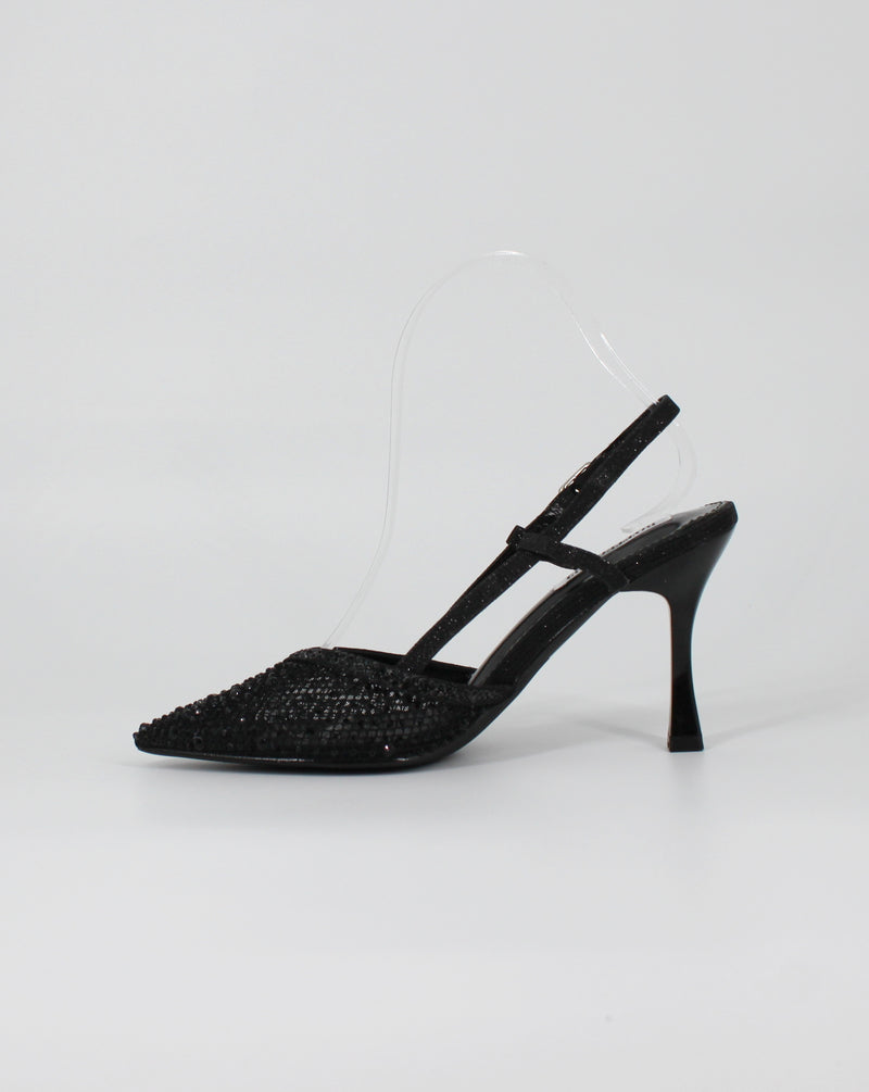 Décolleté Slingback Gioiello in Glitter e Strass – Nero