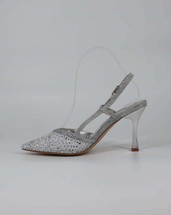 Décolleté Slingback Gioiello in Glitter e Strass – Argento