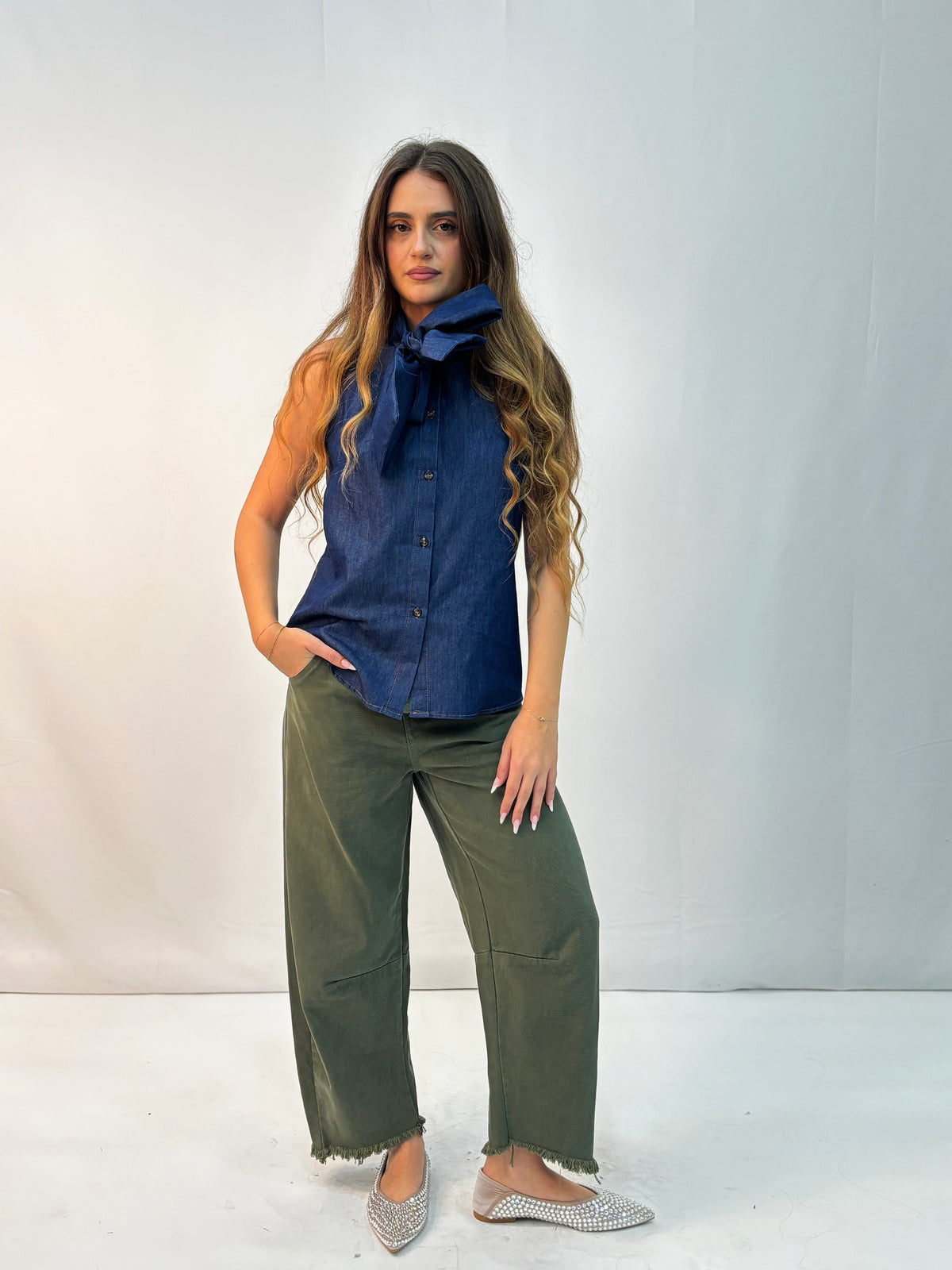 Camicia in Denim con Maxi Fiocco - Blue