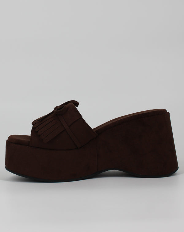 Sabot Platform Scamosciato con Frange e Fiocco – Marrone Caffè