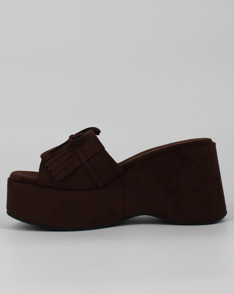 Sabot Platform Scamosciato con Frange e Fiocco – Marrone Caffè