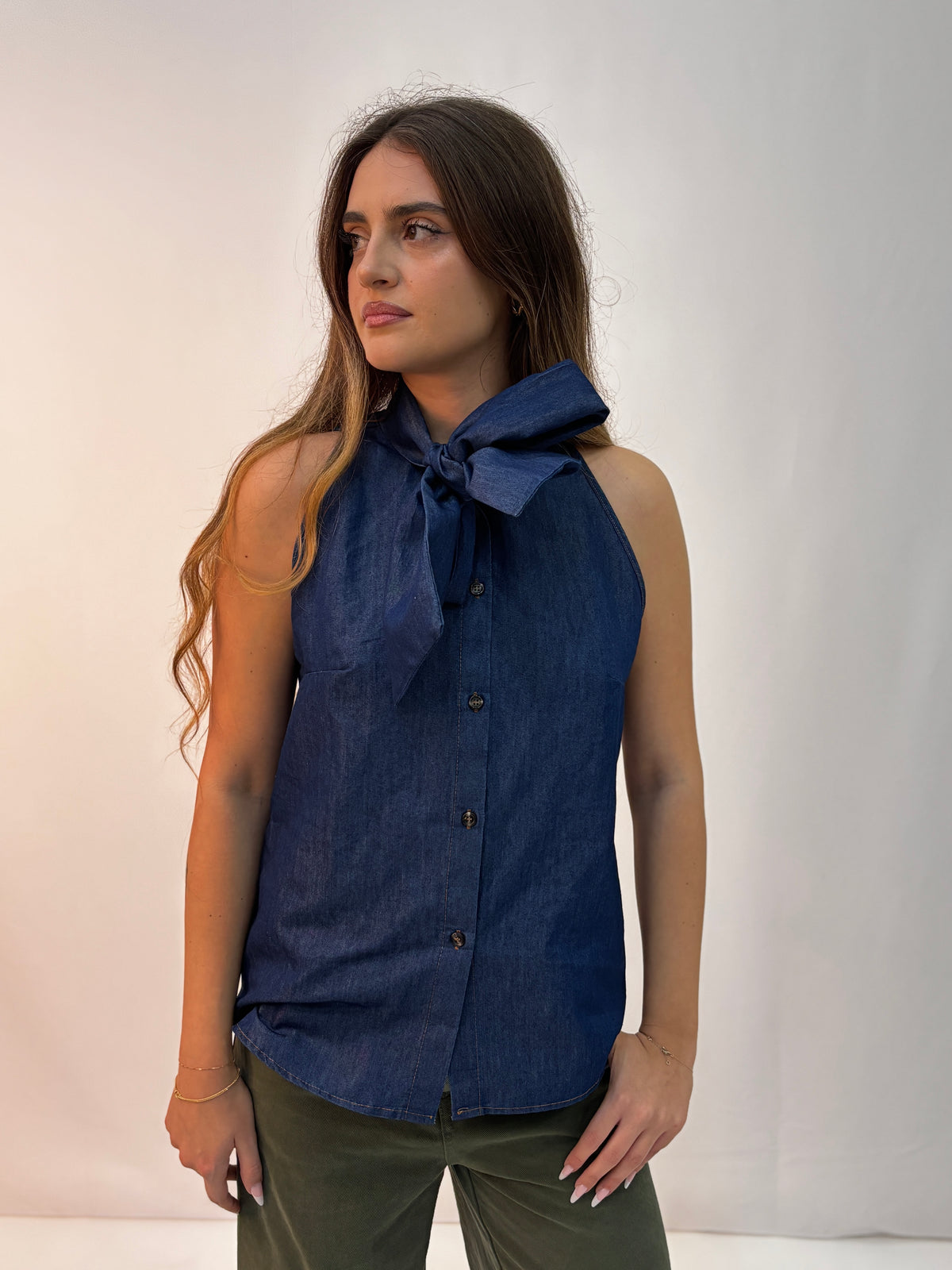 Camicia in Denim con Maxi Fiocco - Blue