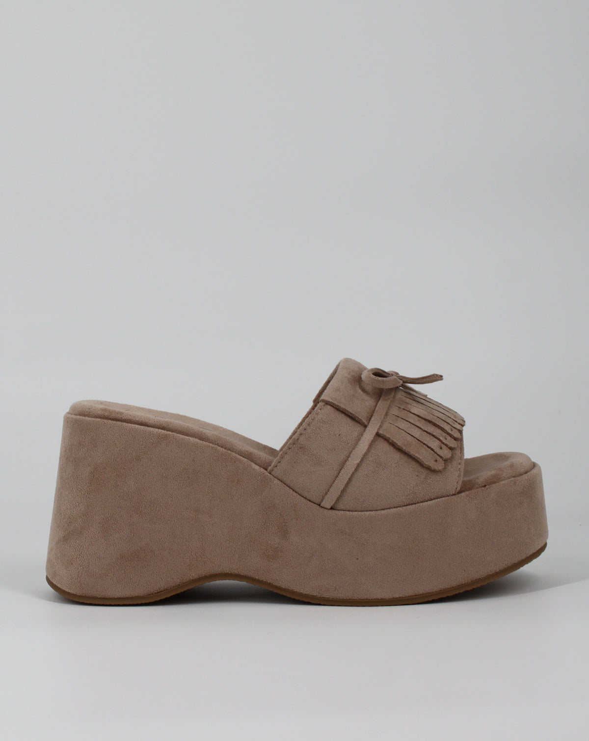 Sabot Platform Scamosciato con Frange e Fiocco – Beige