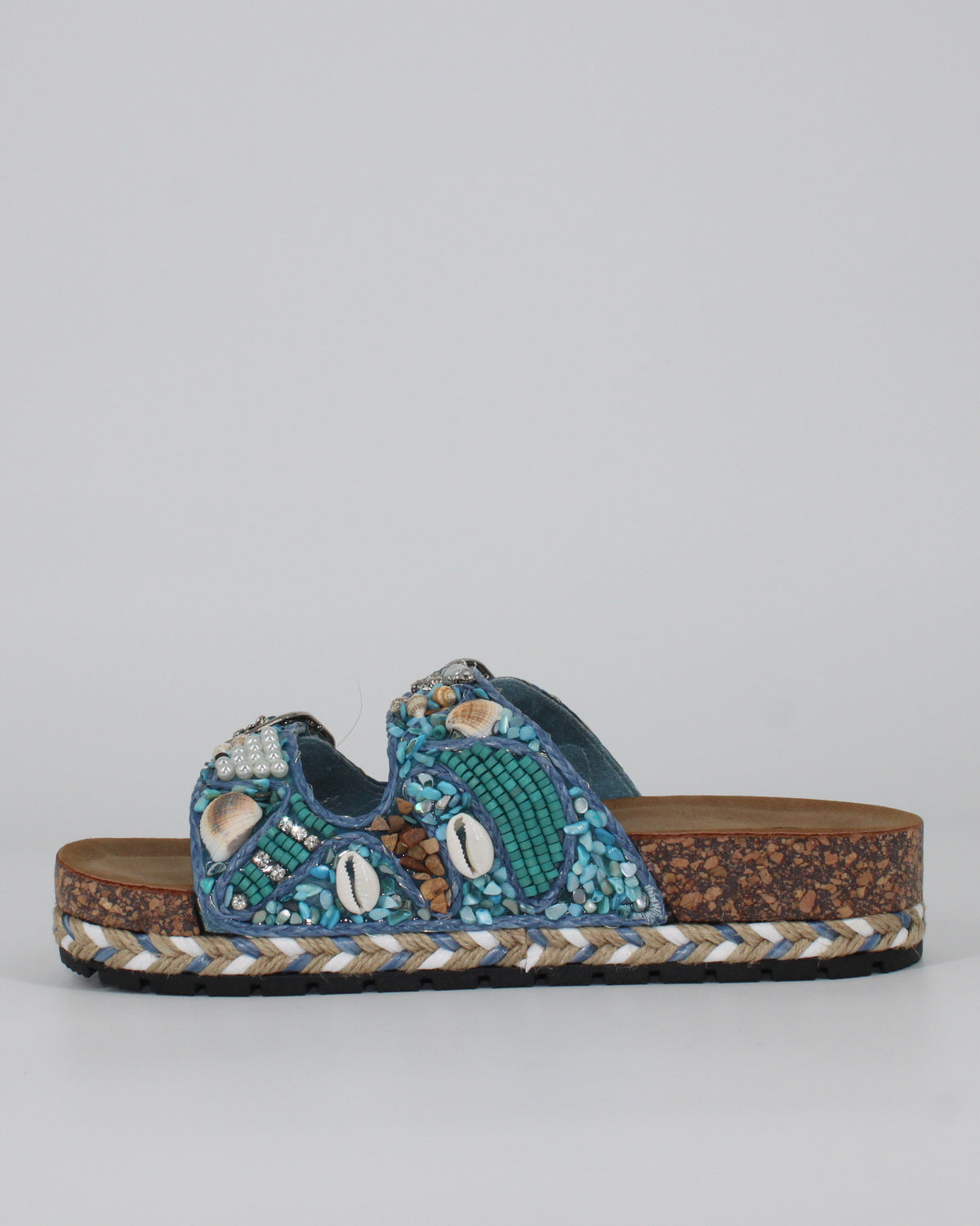 Sandalo Doppia Fascia Gold&Gold con Conchiglie e Perline - Blu
