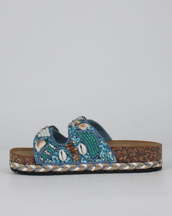 Sandalo Doppia Fascia Gold&Gold con Conchiglie e Perline - Blu