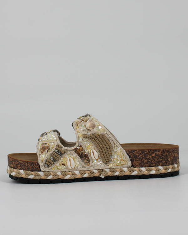 Sandalo Doppia Fascia Gold&Gold con Conchiglie e Perline - Beige