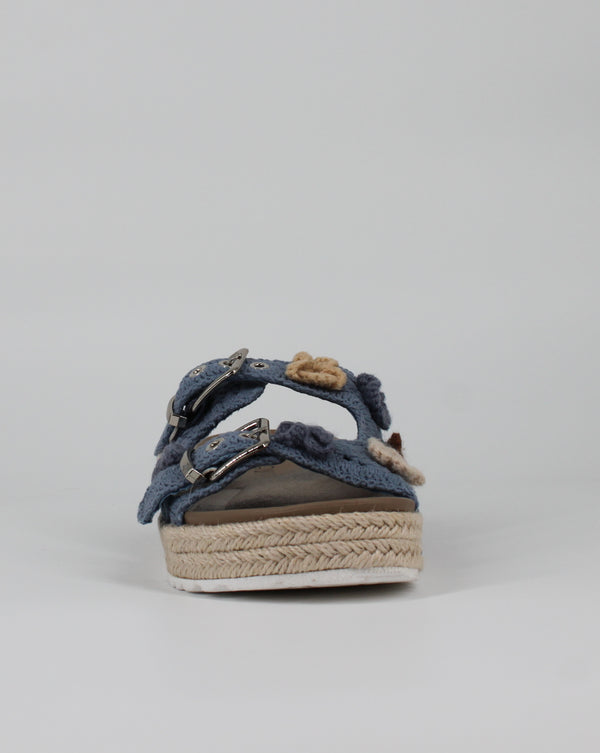 Sandalo Ciabattina a Fasce in Crochet con Zeppa in Corda - Azzurro