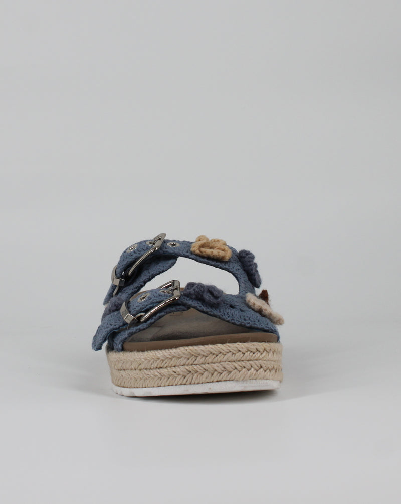Sandalo Ciabattina a Fasce in Crochet con Zeppa in Corda - Azzurro