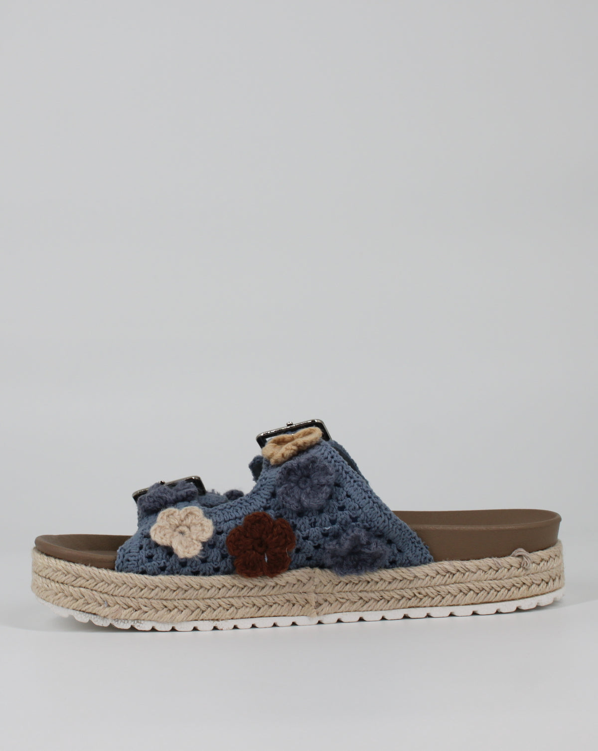 Sandalo Ciabattina a Fasce in Crochet con Zeppa in Corda - Azzurro