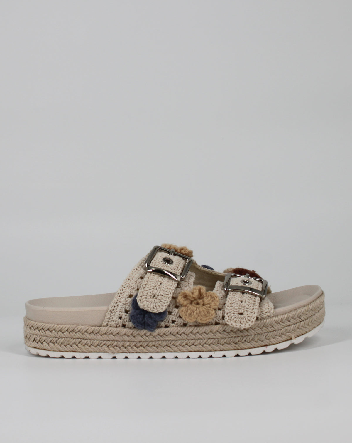 Sandalo Ciabattina a Fasce in Crochet con Zeppa in Corda - Beige