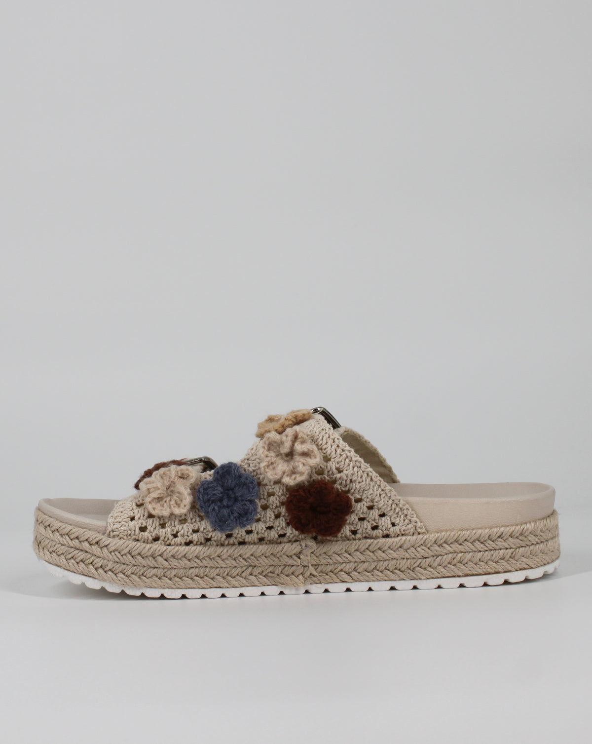 Sandalo Ciabattina a Fasce in Crochet con Zeppa in Corda - Beige