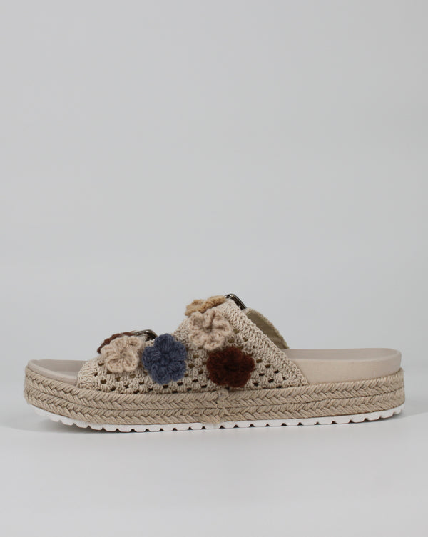 Sandalo Ciabattina a Fasce in Crochet con Zeppa in Corda - Beige