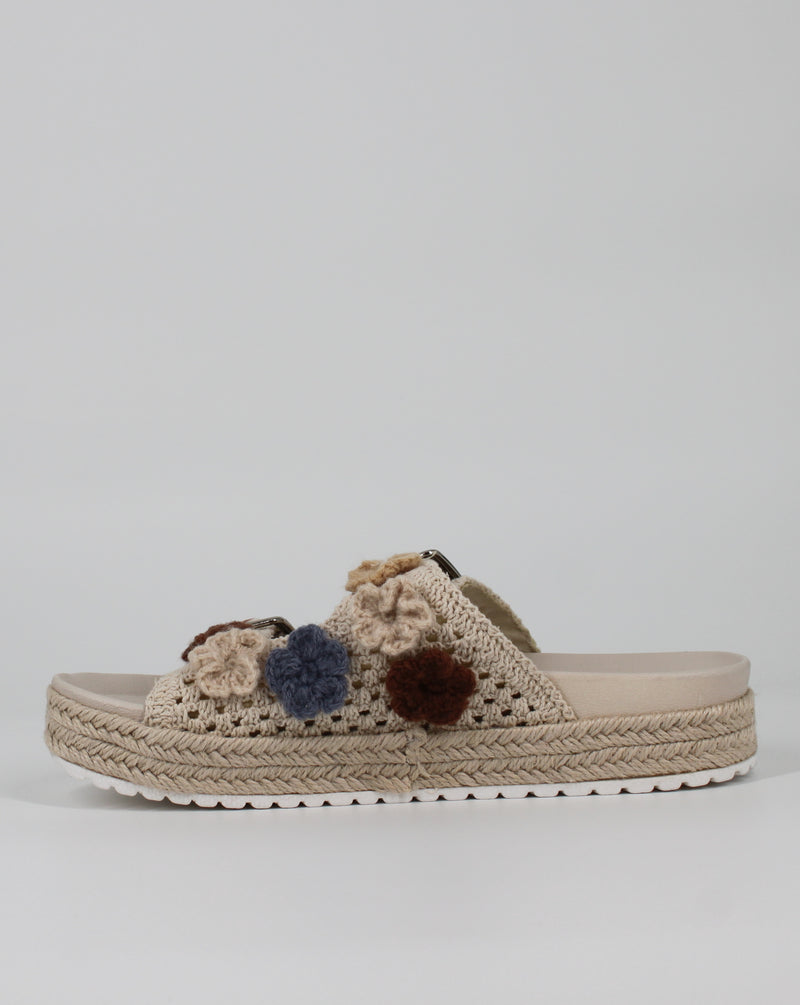 Sandalo Ciabattina a Fasce in Crochet con Zeppa in Corda - Beige