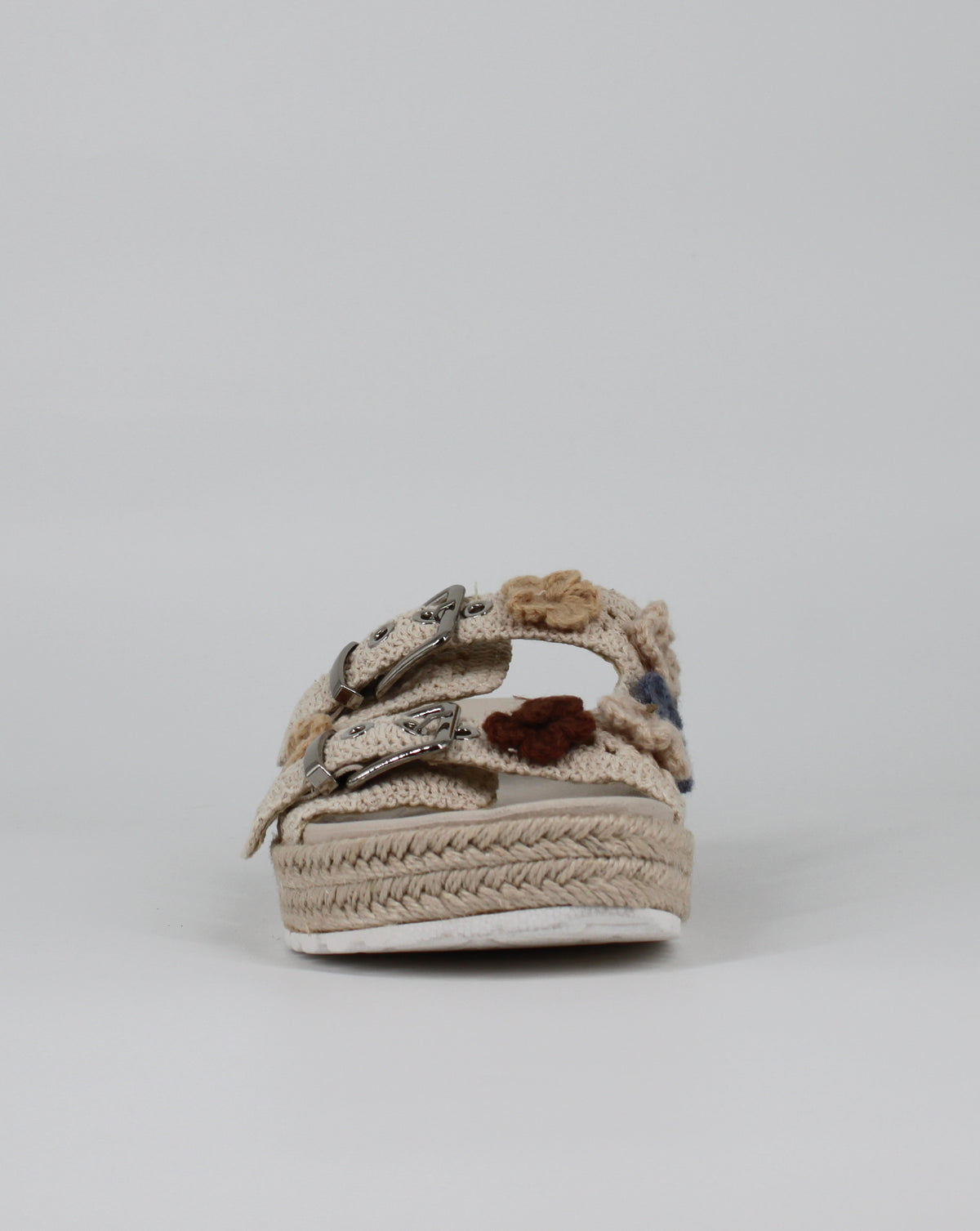 Sandalo Ciabattina a Fasce in Crochet con Zeppa in Corda - Beige