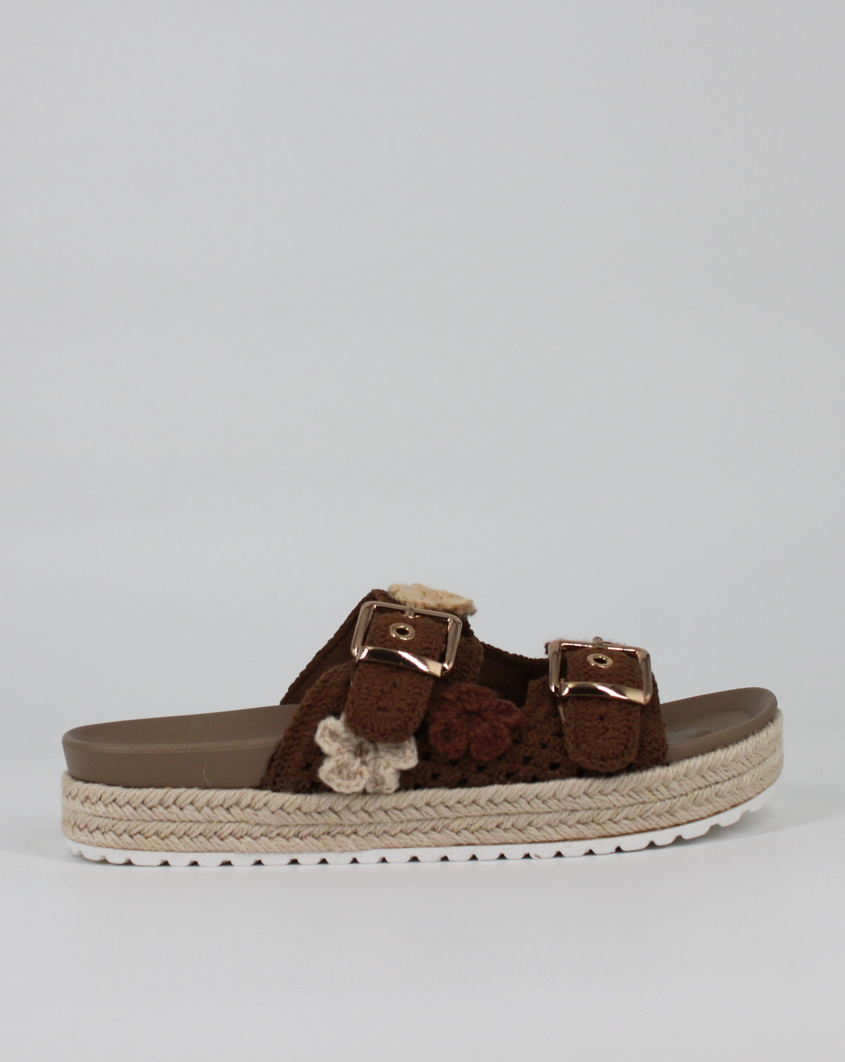 Sandalo Ciabattina a Fasce in Crochet con Zeppa in Corda - Camel