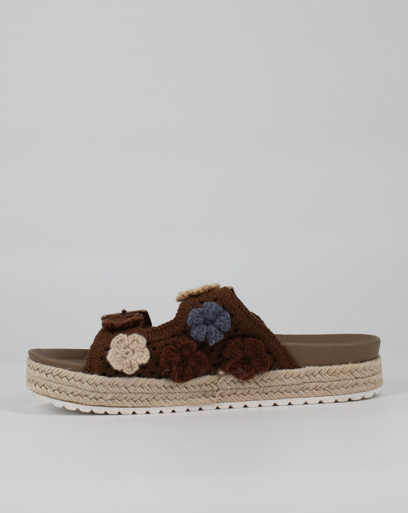 Sandalo Ciabattina a Fasce in Crochet con Zeppa in Corda - Camel