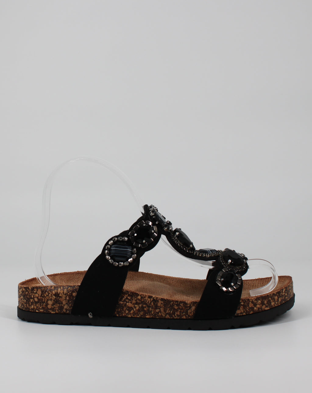 Sandali con Pietre Gioiello e Suola in Sughero - Nero