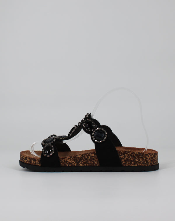 Sandali con Pietre Gioiello e Suola in Sughero - Nero