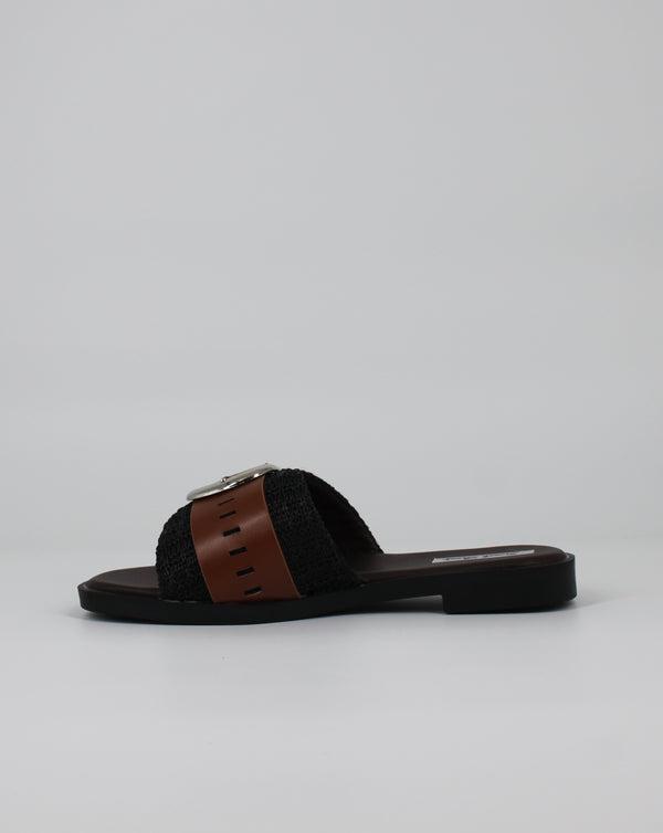 Ciabatta Slide in Tessuto Intrecciato con Fibbia – Marrone e Nero