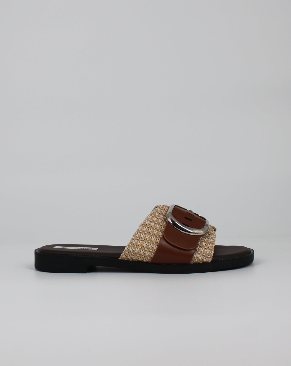Ciabatta Slide in Tessuto Intrecciato con Fibbia – Beige / Cuoio