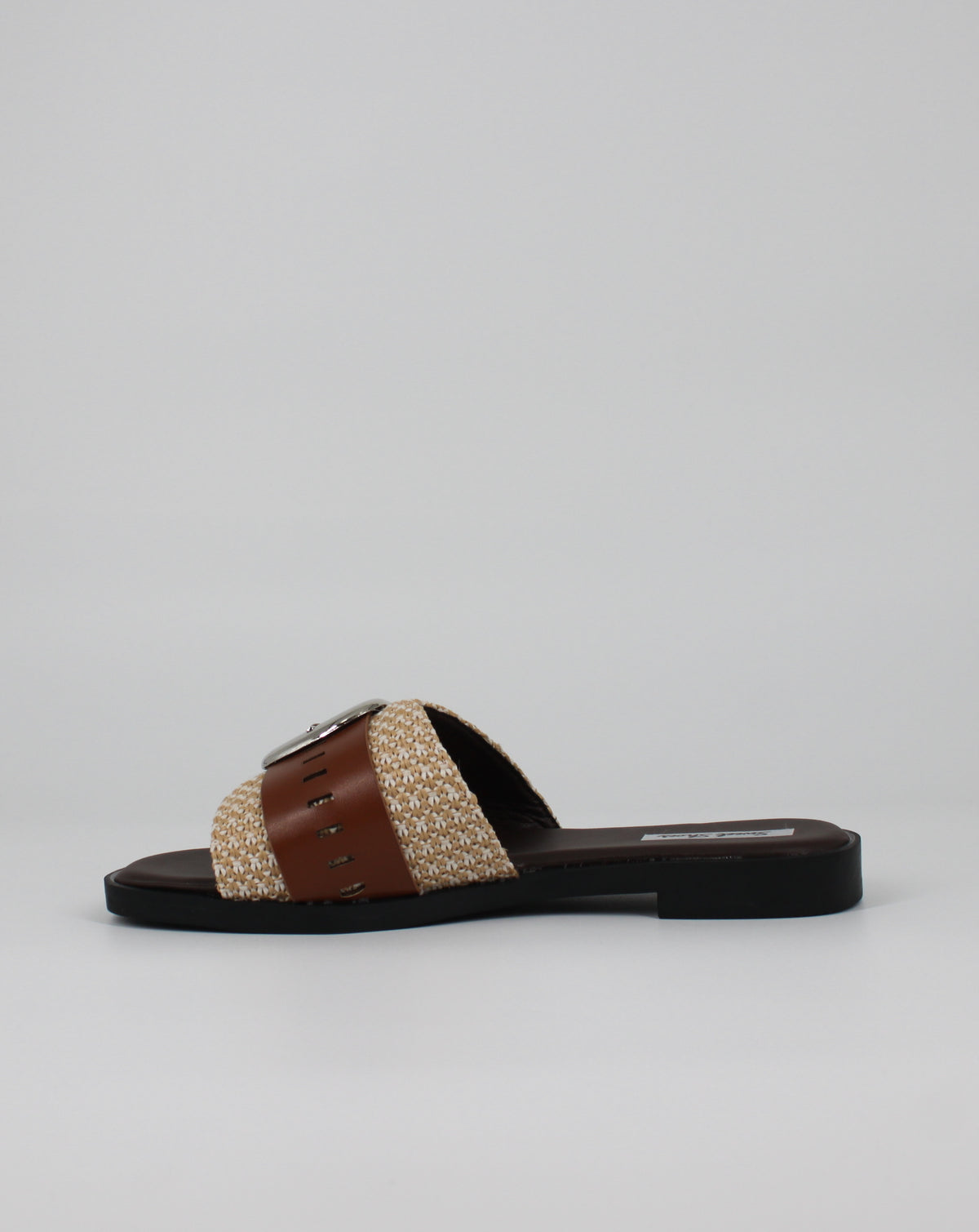 Ciabatta Slide in Tessuto Intrecciato con Fibbia – Beige / Cuoio
