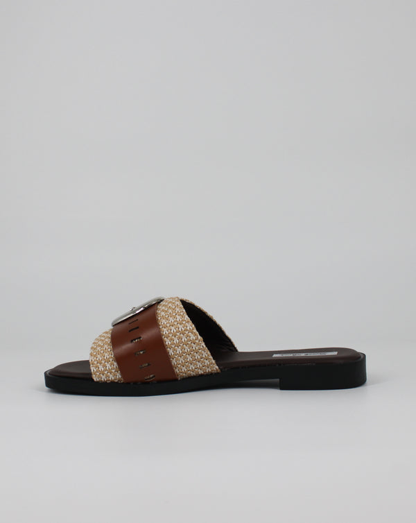 Ciabatta Slide in Tessuto Intrecciato con Fibbia – Beige / Cuoio