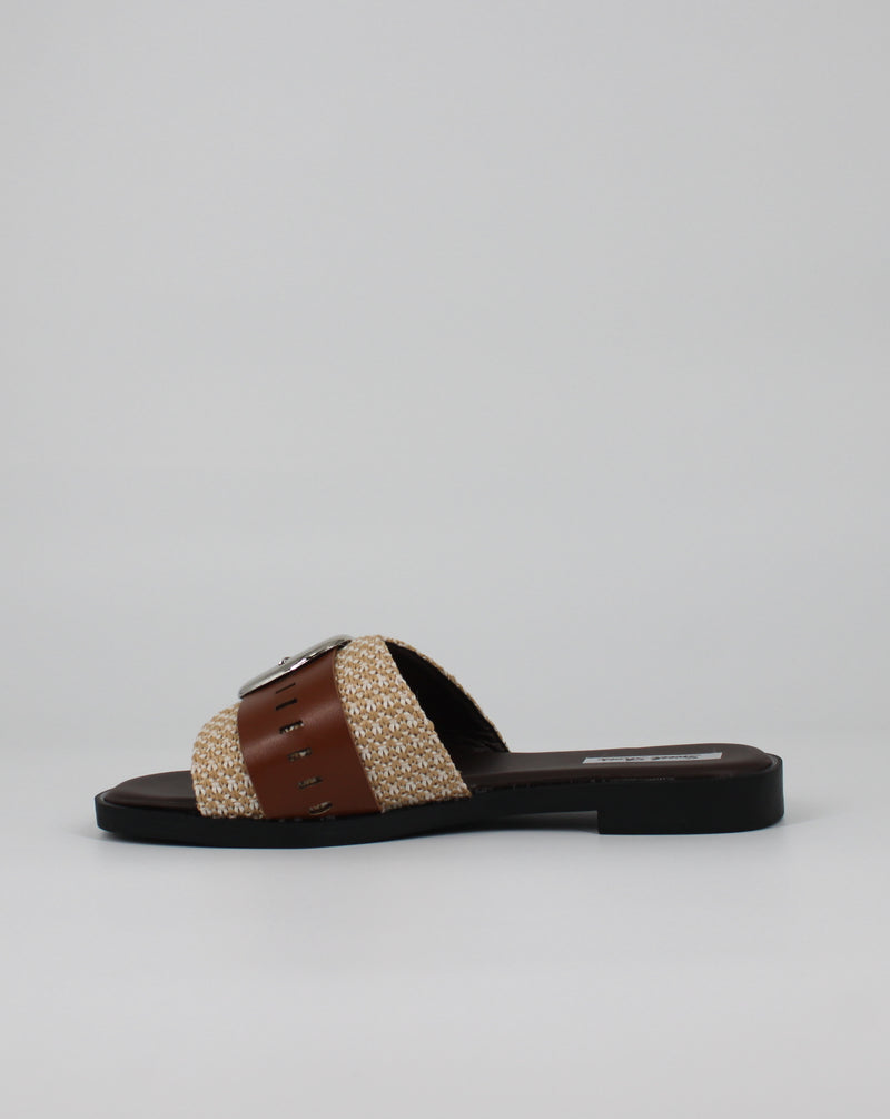 Ciabatta Slide in Tessuto Intrecciato con Fibbia – Beige / Cuoio
