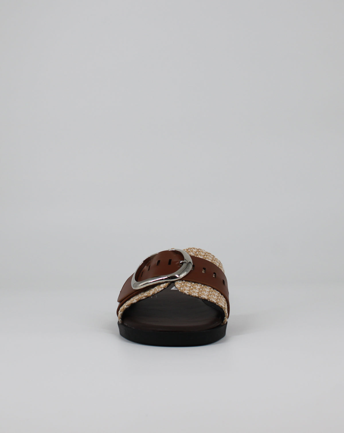 Ciabatta Slide in Tessuto Intrecciato con Fibbia – Beige / Cuoio