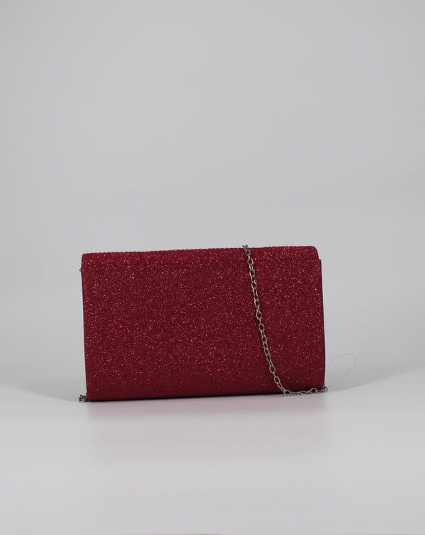 Borsa Clutch Glitterata con Tracolla a Catena - Fucsia