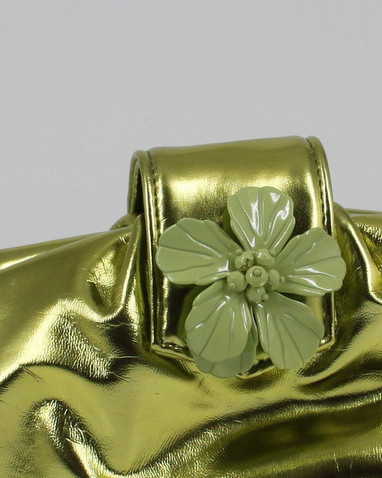 Pochette da Cerimonia con Applicazione Floreale -  Verde Lime Metallico