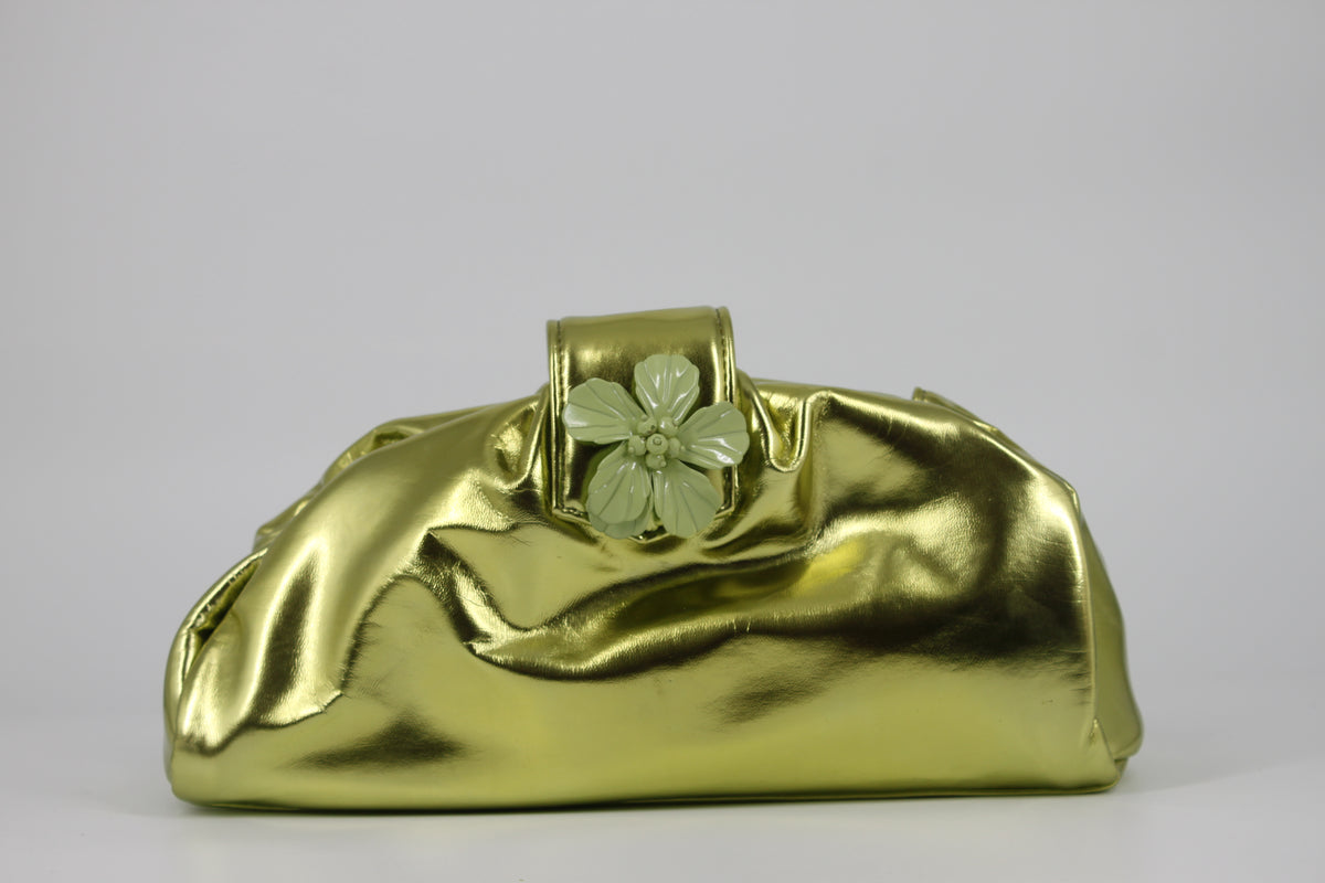 Pochette da Cerimonia con Applicazione Floreale -  Verde Lime Metallico