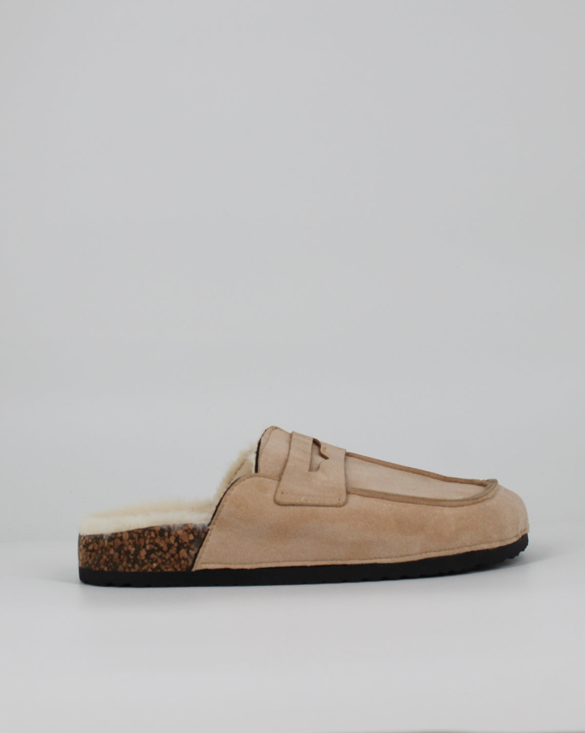 Sabot Modello Mocassino Scamosciato con Interno in Pelliccia ed Effetto Sughero -  Beige