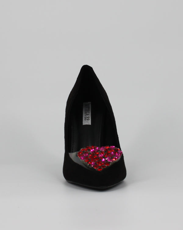 Décolleté Luxury in Camoscio  con Cuore di Cristalli - Nero