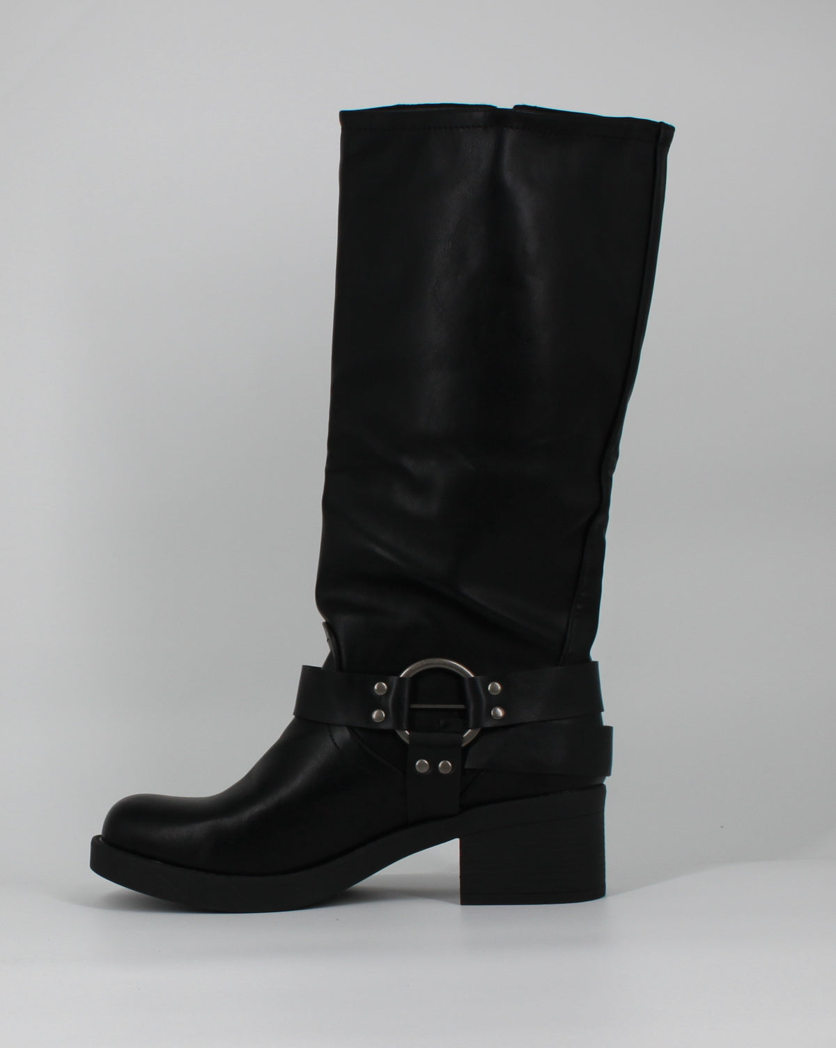Stivali Alti Biker in ecopelle  con Fibbie e Borchie- Nero