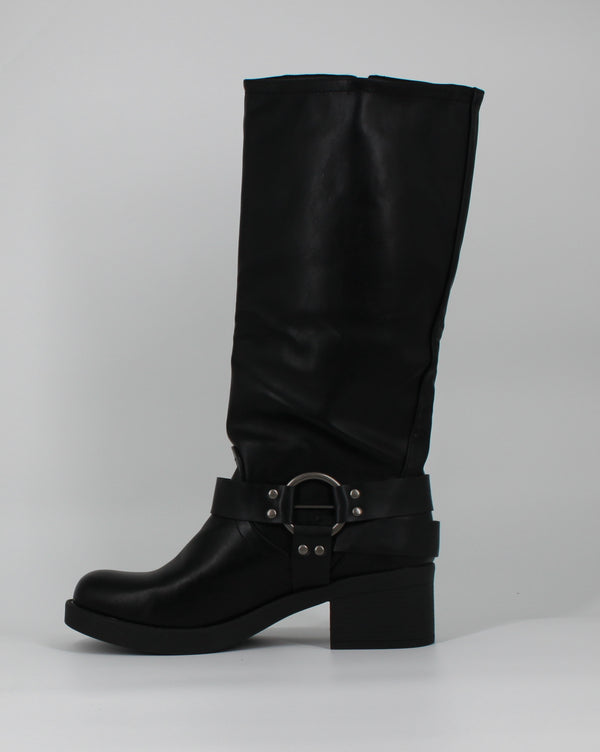 Stivali Alti Biker in ecopelle  con Fibbie e Borchie- Nero