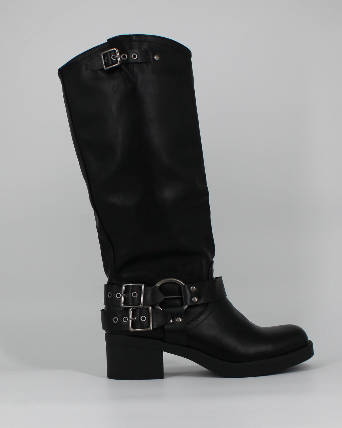Stivali Alti Biker in ecopelle  con Fibbie e Borchie- Nero